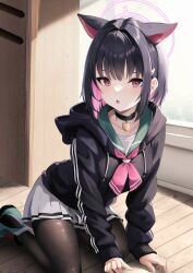 Rule 34 | 1girl, animal ears, bent over, black hair, black jacket, black pantyhose, blue archive, blunt bangs, blurry, cat ears, cat girl, chestnut mouth, choker, collarbone, colored inner hair, commentary, depth of field, english commentary, hair ornament, hairclip, halo, highres, hood, hooded jacket, indoors, jacket, kazusa (blue archive), long sleeves, looking at viewer, mixed-language commentary, multicolored hair, pantyhose, parted lips, pleated skirt, purple eyes, school uniform, serafuku, shoes, short hair, sidelocks, sitting, skirt, sneakers, solo, two-tone hair, wariza, window, wooden floor, yan kodiac, zipper