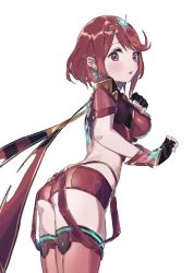 Rule 34 | 1girl, ass, blush, breasts, epi zero, fingerless gloves, gloves, highres, medium breasts, nintendo, open mouth, pyra (xenoblade), red eyes, red hair, red shorts, short hair, short shorts, shorts, simple background, solo, thighhighs, white background, xenoblade chronicles (series), xenoblade chronicles 2, xenoblade chronicles (series), xenoblade chronicles 2