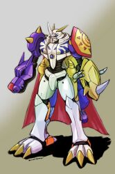 Rule 34 | absurdres, arm cannon, armor, blue eyes, cape, digimon, digimon (creature), gradient background, highres, horns, mas square, no humans, omegamon, robot, solo, spikes, standing, weapon