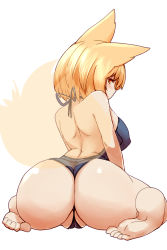 Rule 34 | 1girl, animal ears, ass, back, barefoot, blonde hair, blue one-piece swimsuit, blush, breasts, cameltoe, dearmybrothers, female focus, fox ears, fox tail, highres, huge ass, large breasts, looking at viewer, looking back, one-piece swimsuit, partially visible vulva, school swimsuit, short hair, sitting, solo, swimsuit, tail, thick thighs, thighs, thong, touhou, transparent, wariza, yakumo ran, yellow eyes