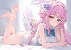 Rule 34 | 1girl, ass, barefoot, blue archive, feet, light blush, long hair, looking at viewer, lying, mika (blue archive), on stomach, pink hair, side bun, smile, soles, the pose, toes, wings, yellow eyes