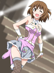 Rule 34 | 1girl, blue skirt, bob cut, boots, bracelet, breasts, brown eyes, brown hair, cleavage, dutch angle, fingerless gloves, fishnets, gloves, hagiwara yukiho, idolmaster, idolmaster (classic), jewelry, lace, lace-trimmed skirt, lace trim, leg lift, marugoshi teppei, medium breasts, miniskirt, one eye closed, open mouth, short hair, skirt, solo, thighhighs, wink