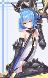 Rule 34 | 1girl, armor, armored boots, azur lane, bare shoulders, black thighhighs, blue hair, blush, boots, breasts, closed mouth, commentary request, cross, dress, gascogne (azur lane), gauntlets, greaves, hair between eyes, halo, headgear, highres, latin cross, looking at viewer, mechanical halo, miimu (nelreg3), short hair, sitting, small breasts, smile, solo, strapless, strapless dress, thighhighs, white dress, yellow eyes