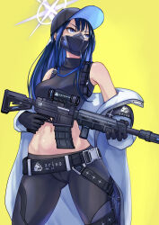 Rule 34 | 1girl, armband, assault rifle, bare shoulders, baseball cap, belt, black belt, black gloves, black hair, black hat, black mask, black pants, black shirt, blue archive, blue eyes, blue hair, breasts, buckle, chest harness, coat, commentary request, covered mouth, cowboy shot, crop top, gloves, gun, halo, harness, hat, highres, holding, holding gun, holding weapon, holster, knife sheath, long hair, looking up, mask, medium breasts, midriff, mouth mask, navel, noomaru (nomorepeople), off shoulder, pants, partial commentary, rifle, saori (blue archive), scope, sheath, shirt, sig 516, sig sauer, sleeveless, sleeveless shirt, snap-fit buckle, solo, thigh holster, weapon, white coat, yellow background