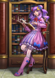 Rule 34 | 1girl, adapted costume, alternate footwear, alternate hairstyle, ankle boots, blunt bangs, book, bookshelf, boots, breasts, capelet, chair, colored eyelashes, crescent, crescent earrings, crescent hair ornament, cross-laced footwear, double bun, dress, earrings, hair bun, hair ornament, high heel boots, high heels, highres, indoors, jewelry, knee boots, lace-up boots, leaning on object, lips, lipstick, looking at viewer, makeup, medium breasts, open book, pandawei, pantyhose, parted lips, patchouli knowledge, pink footwear, purple eyes, purple footwear, purple hair, red lips, robe, short hair, solo, striped clothes, striped dress, striped pantyhose, tile floor, tiles, touhou, twintails, vertical-striped clothes, vertical-striped dress, vertical-striped pantyhose