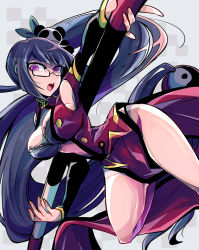 Rule 34 | 1girl, bare shoulders, black hair, blazblue, breasts, china dress, chinese clothes, cleavage, cleavage cutout, clothing cutout, dress, female focus, glasses, hair ornament, large breasts, litchi faye ling, long hair, ponytail, purple eyes, side ponytail, solo, very long hair