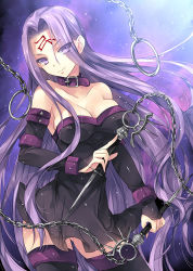 Rule 34 | &gt;:), 1girl, bare shoulders, black dress, black thighhighs, breasts, cleavage, collar, collarbone, contrapposto, cowboy shot, dagger, detached sleeves, dress, dual wielding, facial mark, fate/stay night, fate (series), forehead mark, gluteal fold, holding, knife, kobayashi yoshitaka, large breasts, long hair, looking at viewer, medusa (fate), medusa (rider) (fate), nameless dagger (fate), purple eyes, purple hair, short dress, sideboob, smile, solo, standing, strapless, strapless dress, thighhighs, v-shaped eyebrows, very long hair, weapon
