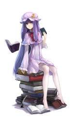 Rule 34 | 1girl, absurdres, blush, book, book stack, crescent, full body, fuuko chan, hat, highres, inkwell, long hair, long sleeves, looking at viewer, patchouli knowledge, purple eyes, purple hair, quill, simple background, sitting, solo, thighhighs, touhou, very long hair, white background, white thighhighs
