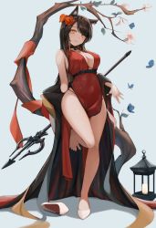 Rule 34 | 1girl, alternate costume, animal ears, arknights, bare shoulders, barefoot, breasts, china dress, chinese clothes, cleavage, dress, eyyy, feet, flower, full body, hair flower, hair ornament, high heels, highres, long hair, looking at viewer, panties, red dress, shoes, side slit, single shoe, skyfire (arknights), sleeveless, sleeveless dress, solo, standing, standing on one leg, thighs, toes, underwear