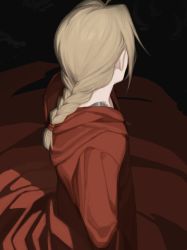 Rule 34 | 1boy, automail, black background, blonde hair, braid, braided ponytail, cbow, coat, edward elric, facing away, from above, from side, fullmetal alchemist, highres, hood, hood down, hooded coat, long hair, long sleeves, male focus, red coat, simple background, single braid, solo, standing, upper body