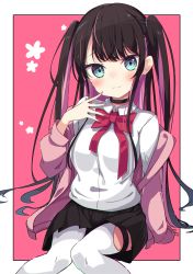 Rule 34 | 1girl, absurdres, black choker, black hair, black skirt, blue eyes, blush, bow, breasts, choker, closed mouth, collared shirt, commentary request, dress shirt, feet out of frame, floral background, highres, jacket, kaga nazuna, long hair, long sleeves, looking at viewer, lupinus virtual games, multicolored hair, off shoulder, okota mikan, open clothes, open jacket, pink hair, pink jacket, pleated skirt, red bow, shirt, skirt, sleeves past wrists, small breasts, smile, solo, thighhighs, two-tone hair, two side up, very long hair, virtual youtuber, vspo!, white shirt, white thighhighs
