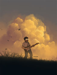 Rule 34 | 1boy, artist name, beard, cigarette, closed mouth, cloud, cloudy sky, commentary, facial hair, glasses, grass, guitar, hat, holding, holding instrument, instrument, leaf, male focus, mclelun, mouth hold, music, opaque glasses, original, outdoors, pants, playing instrument, shirt, short sleeves, sky, smoking, solo, sunset, twilight, white shirt