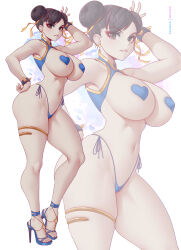 Rule 34 | 1girl, absurdres, artist name, ass, bikini, bracelet, breasts, brown eyes, brown hair, capcom, chun-li, double bun, earrings, hair bun, heart pasties, highleg, highleg bikini, highres, jewelry, large breasts, looking at viewer, melowh, navel, pasties, patreon username, short hair, simple background, solo, spiked bracelet, spikes, stomach, street fighter, swimsuit, thick thighs, thighs, thong, white background
