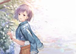 Rule 34 | 1girl, :d, alternate costume, backlighting, blush, breast pocket, casual, commentary request, denim, denim jacket, earrings, fate/grand order, fate (series), from side, hand up, haru (hiyori-kohal), jacket, jacket on shoulders, jewelry, long sleeves, looking at viewer, looking to the side, mash kyrielight, open mouth, orange skirt, outdoors, plant, pocket, purple eyes, purple hair, short hair, skirt, smile, solo, teeth, upper body, upper teeth only, watch, wristwatch