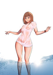 Rule 34 | 1girl, bad id, bad pixiv id, black eyes, blush, breasts, brown hair, clenched teeth, damian, fingernails, medium breasts, medium hair, nail polish, nipples, original, red nails, see-through, small breasts, solo, standing, sun, teeth, watch, water, wet, wet clothes, white background, wristwatch
