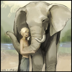 Rule 34 | 1boy, :d, animal, black border, border, cloud, dark skin, dated, day, elephant, feet out of frame, grey shorts, happy, male focus, open mouth, original, sand, shorts, signature, smile, standing, topless male, uraki (tetsu420), water, white eyes, white hair