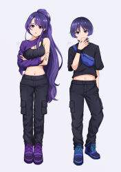 Rule 34 | 1boy, 1girl, absurdres, alternate costume, alternate hairstyle, aoikito lavender086, black pants, black shirt, blue footwear, commentary request, crop top, genshin impact, grey background, highres, long hair, looking at viewer, midriff, navel, pants, parted lips, ponytail, purple eyes, purple footwear, purple hair, raiden shogun, scaramouche (genshin impact), shirt, shoes, short hair, short sleeves, shrug (clothing), simple background, single bare shoulder, single sleeve, smile, sports bra, stomach, very long hair
