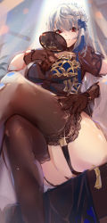 Rule 34 | 1girl, azur lane, black legwear, breasts, chinese clothes, garter straps, glint, gloves, grey hair, hair ornament, hand fan, highres, holding, holding fan, mole, mole under eye, official alternate costume, red eyes, saint-louis (alluring administrator) (azur lane), saint-louis (azur lane), shika (shika0), shiny skin, smile