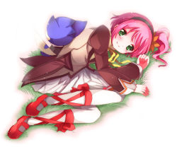 Rule 34 | 1girl, alfa system, ankle lace-up, bad id, bad pixiv id, cross-laced footwear, dress, efu, footwear ribbon, full body, green eyes, hair ornament, hairband, kanonno grassvalley, leaf hair ornament, lying, pantyhose, pink hair, rocksprings, shoes, short hair, side ponytail, smile, solo, tales of (series), tales of the world radiant mythology 3, white pantyhose
