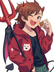 Rule 34 | 1boy, ;d, asada hachi, black shirt, brown hair, commentary request, cookie, demon costume, demon horns, demon tail, demon wings, fake horns, fake tail, fake wings, fang, food, green pants, holding, holding food, hood, hood down, hoodie, horns, idolmaster, idolmaster side-m, looking at viewer, male focus, one eye closed, open clothes, open hoodie, open mouth, pants, red hoodie, shirt, short hair, short ponytail, simple background, smile, solo, tachibana shiro (idolmaster), tail, twitter username, upper body, watermark, white background, wings