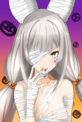 Rule 34 | 1girl, animal ears, bandage over one eye, bandages, breasts, collarbone, food-themed hair ornament, gradient background, hair ornament, halloween, highres, jack-o&#039;-lantern, long hair, looking at viewer, mebi il, nail polish, naked bandage, nia (blade) (xenoblade), nia (xenoblade), nintendo, niyah, orange background, orange nails, pumpkin, pumpkin hair ornament, purple background, purple nails, silver hair, small breasts, solo, spoilers, upper body, very long hair, xenoblade chronicles (series), xenoblade chronicles 2, yellow eyes