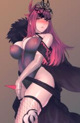 Rule 34 | 1girl, adapted costume, bare shoulders, blush, breasts, cleavage, covered erect nipples, dress, elbow gloves, fire emblem, fire emblem engage, flower, gloves, hair ornament, highres, ivy (fire emblem), jewelry, jtaka, large breasts, long hair, looking at viewer, mole, mole under mouth, nintendo, nipples, open mouth, purple eyes, purple hair, rose, see-through, solo, thick thighs, thighhighs, thighs, white gloves