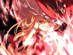 Rule 34 | 1girl, black background, blonde hair, bow, fire, hair bow, hands on own face, hat, kirisame marisa, kirisame marisa (witch of scarlet dreams), long hair, looking at viewer, red bow, red hat, short sleeves, simple background, solo, star (symbol), tears, touhou, touhou lostword, upper body, witch hat, wrist cuffs, yellow eyes, yomogi 9392