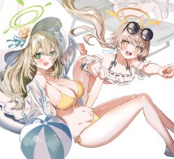 Rule 34 | 2girls, absurdres, ass, ball, bare shoulders, beachball, bikini, blonde hair, blue archive, blush, breasts, bright pupils, cleavage, collarbone, commentary request, eyewear on head, frilled bikini, frills, green eyes, green halo, halo, hat, hifumi (blue archive), hifumi (swimsuit) (blue archive), highres, large breasts, long sleeves, looking at viewer, low twintails, multiple girls, nonomi (blue archive), nonomi (swimsuit) (blue archive), off-shoulder bikini, off shoulder, official alternate costume, open clothes, open mouth, open shirt, ryoma (rym 369), shirt, side-tie bikini bottom, simple background, sun hat, sunglasses, swimsuit, thighs, twintails, white background, white bikini, white headwear, white pupils, white shirt, winged halo, yellow bikini, yellow eyes