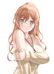 Rule 34 | 1girl, armpit crease, bang dream!, bare shoulders, between breasts, blush, breasts, brown hair, brown sweater, closed mouth, collarbone, commentary, earrings, fingernails, green eyes, hair between eyes, half updo, hand on own arm, hand up, highres, imai lisa, jewelry, large breasts, long hair, long sleeves, looking at viewer, necklace, off-shoulder sweater, off shoulder, pendant, rabbit earrings, sidelocks, simple background, sleeves past wrists, solo, sweater, symbol-only commentary, totoshion, upper body, wavy hair, white background