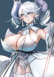 Rule 34 | 1girl, breasts, cleavage, demon girl, demon horns, detached collar, dress, duel monster, grey eyes, grey hair, hatano kiyoshi, highres, horns, huge breasts, lovely labrynth of the silver castle, pointy ears, smile, solo, twintails, white dress, yu-gi-oh!