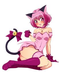 Rule 34 | 1girl, animal ears, arm garter, bare shoulders, bell, blush, boots, bow, breasts, cat ears, choker, fang, female focus, full body, gloves, jewelry, jingle bell, bridal garter, looking at viewer, magical girl, matching hair/eyes, medium breasts, mew ichigo, momomiya ichigo, no panties, open mouth, paw pose, pendant, pink eyes, pink hair, simple background, solo, tail, tail bow, tail ornament, tamezou, tokyo mew mew, white background