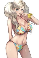 Rule 34 | 1girl, arm behind back, bikini, blonde hair, breasts, collarbone, cowboy shot, floral print, floral print bikini, green eyes, hand up, large breasts, long hair, looking at viewer, navel, parted lips, persona, persona 5, pppppknw, print bikini, scrunchie, simple background, solo, stomach, swimsuit, takamaki anne, twintails, twitter username, very long hair, white background, wrist scrunchie