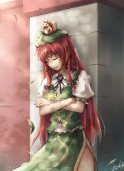 Rule 34 | 1girl, animal, animal on head, beret, braid, chinese clothes, closed eyes, crossed arms, dragon, dragon print, eastern dragon, green hat, green skirt, hair ribbon, hat, highres, hong meiling, long hair, nangua mache, on head, puffy short sleeves, puffy sleeves, red hair, ribbon, scarlet devil mansion, shirt, short sleeves, side slit, skirt, skirt set, sleeping, solo, squirrel, standing, tangzhuang, touhou, tress ribbon, twin braids, wall, white shirt