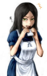 Rule 34 | 1girl, ^^^, alice: madness returns, alice (alice in wonderland), alice in wonderland, alice liddell (american mcgee&#039;s alice), american mcgee&#039;s alice, american mcgee's alice, black hair, blush, candy, ceramic man, chocolate, chocolate bar, dress, eating, food, green eyes, highres, jewelry, long hair, looking at viewer, necklace, open mouth, simple background, solo, sweatdrop, translation request, white background