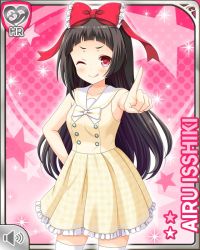 Rule 34 | 1girl, :p, bare shoulders, black hair, blush, bow, character name, closed mouth, collarbone, dress, girlfriend (kari), hair bow, isshiki airu, long hair, looking at viewer, official art, one eye closed, pink background, qp:flapper, red bow, red eyes, smile, tagme, tongue, tongue out, white bow, wink, yellow dress