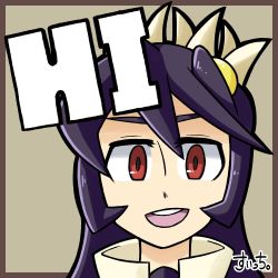 Rule 34 | 1girl, black hair, english text, filia (skullgirls), looking at viewer, open mouth, portrait, red eyes, skullgirls, smile, solo, suitti