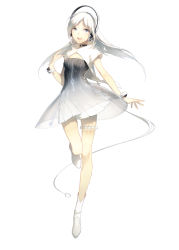 Rule 34 | 1girl, absurdres, boots, bracelet, breasts, choker, dress, full body, grey eyes, hand up, headphones, highres, jewelry, ling (singer), ling singer, long hair, looking at viewer, official art, open mouth, parted bangs, pleated dress, rella, see-through, see-through skirt, short sleeves, silver hair, simple background, skirt, small breasts, smile, solo, teeth, thigh strap, white background