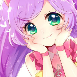 Rule 34 | 1girl, aqua eyes, blush, hands on own cheeks, hands on own face, head rest, heart, heart-shaped pupils, looking at viewer, manaka laala, musical note, pretty series, pripara, purple hair, sleeveless, smile, solo, sukoyaka (100hituzi), symbol-shaped pupils, treble clef, twintails
