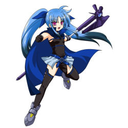 Rule 34 | 1girl, belt, belt bra, black thighhighs, blue hair, cape, long hair, lyrical nanoha, mahou shoujo lyrical nanoha, mahou shoujo lyrical nanoha a&#039;s, mahou shoujo lyrical nanoha a&#039;s portable: the battle of aces, levi the slasher, official art, open mouth, red eyes, sidelocks, simple background, skirt, solo, thighhighs, twintails, very long hair, vulnificus, weapon