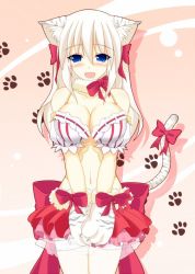 Rule 34 | 1girl, animal ears, bare shoulders, blue eyes, blush, bow, breasts, cat ears, cat tail, cleavage, fang, fantasy earth zero, large breasts, midriff, miyano yuki, navel, open mouth, paw print, ribbon, solo, tail, tail ornament, tail ribbon, v arms, white hair