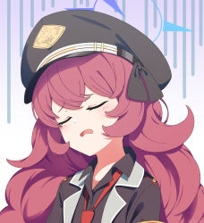 Rule 34 | 1girl, 4a, black hat, black jacket, black shirt, blue archive, closed eyes, collared shirt, gehenna academy logo, halo, hat, highres, iroha (blue archive), jacket, long hair, military uniform, necktie, open mouth, peaked cap, red hair, red necktie, shirt, solo, uniform, upper body