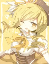 Rule 34 | 10s, 1girl, bad id, bad pixiv id, blonde hair, drill hair, hat, heart, heart-shaped pupils, magical girl, mahou shoujo madoka magica, mahou shoujo madoka magica (anime), mari audio, one eye closed, solo, symbol-shaped pupils, tomoe mami, twin drills, twintails, wink, yellow eyes