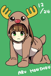 Rule 34 | 1girl, all fours, animal costume, animal hood, antlers, blunt bangs, brown hair, character name, closed mouth, commentary request, dated, dot nose, fake antlers, full body, green background, green eyes, highres, hitoribocchi no marumaru seikatsu, honshou aru, hood, hood up, horns, katsuwo (cr66g), light blush, long hair, looking at viewer, reindeer antlers, reindeer costume, reindeer hood, sidelocks, simple background, solo