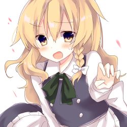 Rule 34 | 1girl, :o, apron, bad id, bad pixiv id, blonde hair, blush, braid, claw pose, collared shirt, commentary request, confused, fang, highres, kirisame marisa, long sleeves, looking at viewer, no headwear, rbtt, shirt, single braid, skirt, solo, sweat, touhou, vest, waist apron, wavy hair