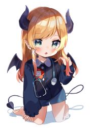 Rule 34 | 1girl, absurdres, aged down, blonde hair, commentary request, demon girl, demon horns, demon wings, eyes visible through hair, green eyes, highres, hololive, horns, huge filesize, kindergarten uniform, kneeling, long hair, long sleeves, looking at viewer, noi mine, parted lips, pointy ears, shorts, sidelocks, simple background, solo, stethoscope, translated, virtual youtuber, white background, wings, yuzuki choco