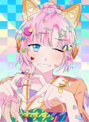 Rule 34 | 1girl, 42 (42 aqrl), ;d, ahoge, animal ear headphones, animal ears, anyoji hime, bandaid, bandaid on hand, blue background, blue eyes, blue sash, blunt bangs, blush, butterfly hair ornament, cat ear headphones, chromatic aberration, commentary, fake animal ears, grin, hair ornament, hairclip, headphones, heart, heart hair ornament, heart hands, highres, identity (love live!), japanese clothes, kimono, link! like! love live!, long hair, looking at viewer, love live!, multi-tied hair, obi, one eye closed, open mouth, orange headphones, orange kimono, pink hair, ponytail, sash, sidelocks, sleeves past elbows, smile, solo, sparkle, star (symbol), star hair ornament, swept bangs, too many hairclips, virtual youtuber