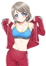 Rule 34 | 10s, 1girl, armpits, bare shoulders, blue eyes, breasts, brown hair, cleavage, closed mouth, clothes writing, collarbone, contrapposto, cowboy shot, head tilt, jacket, long sleeves, looking at viewer, love live!, love live! sunshine!!, medium breasts, navel, off shoulder, pants, red jacket, red pants, sankuro (agoitei), short hair, simple background, sleeves past wrists, smile, solo, sports bra, standing, stomach, swept bangs, tareme, track jacket, track pants, track suit, undressing, unzipped, watanabe you, white background, zipper