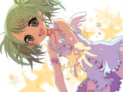Rule 34 | 1girl, bad id, bad pixiv id, choker, dress, earrings, flat chest, from below, green eyes, green hair, hair ornament, hair ribbon, hairclip, hatsune miku, hiiro (kikokico), jewelry, kiko, looking down, matching hair/eyes, outstretched arm, outstretched hand, reaching, ribbon, smile, solo, star (symbol), twintails, vocaloid, wings