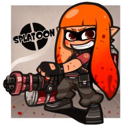 Rule 34 | 1girl, bad id, bad pixiv id, blood, blood on face, cosplay, fang, fingerless gloves, full body, gatling gun, gloves, grin, gun, heavy (tf2), highres, inkling, inkling girl, inkling player character, long hair, looking at viewer, minigun, monster girl, nintendo, orange hair, red eyes, red heavy (tf2), shioinu kemushi, smile, solo, splatoon (series), splatoon 1, team fortress 2, tentacle hair, the heavy (cosplay), twintails, weapon