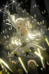 Rule 34 | 2girls, arm up, backlighting, bare shoulders, blonde hair, blurry, blurry background, clone, commentary, crowd, detached sleeves, dress, facing another, fang, floating hair, flower, frilled dress, frills, gloves, glowstick, green pantyhose, grey eyes, hair flower, hair ornament, hair over one eye, halftone, halter dress, halterneck, hand up, highres, holding, holding microphone, idol, isekai joucho, kamitsubaki studio, long hair, looking at viewer, microphone, multicolored hair, multiple girls, music, neck ribbon, official alternate costume, one eye closed, one side up, open mouth, pantyhose, penlight (glowstick), pinky out, red flower, ribbon, shiraishi kanoya, sideways glance, singing, skin fang, sleeveless, sleeveless dress, smile, solo focus, sparkle, spotlight, stage lights, streaked hair, virtual youtuber, white dress, white gloves, white hair, white ribbon, wide sleeves, yellow flower, ||/